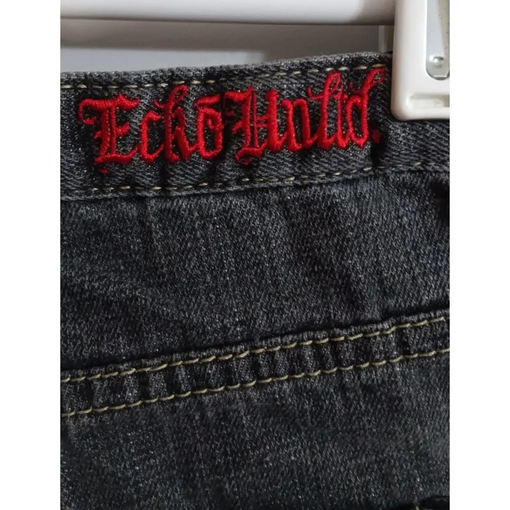 Ecko Unlimited 4 Black Denim Skull Casual Punk Rock Biker Mid Shorts